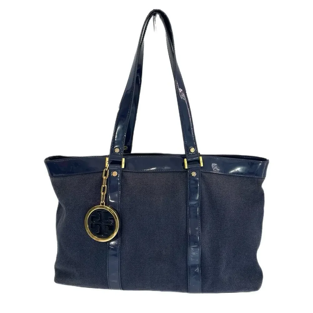 Tory Burch Canvas Jane Tote Shoulder Bag Beach Navy Blue Double Straps Travel